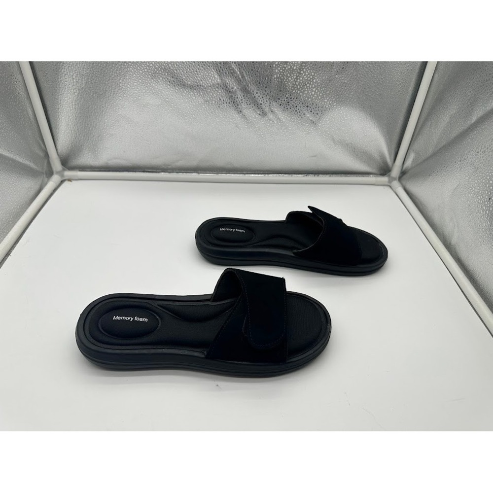 Black Memory Foam Slide Sandals Adjustable Hook Loop Strap Women Size M - Picture 2 of 8